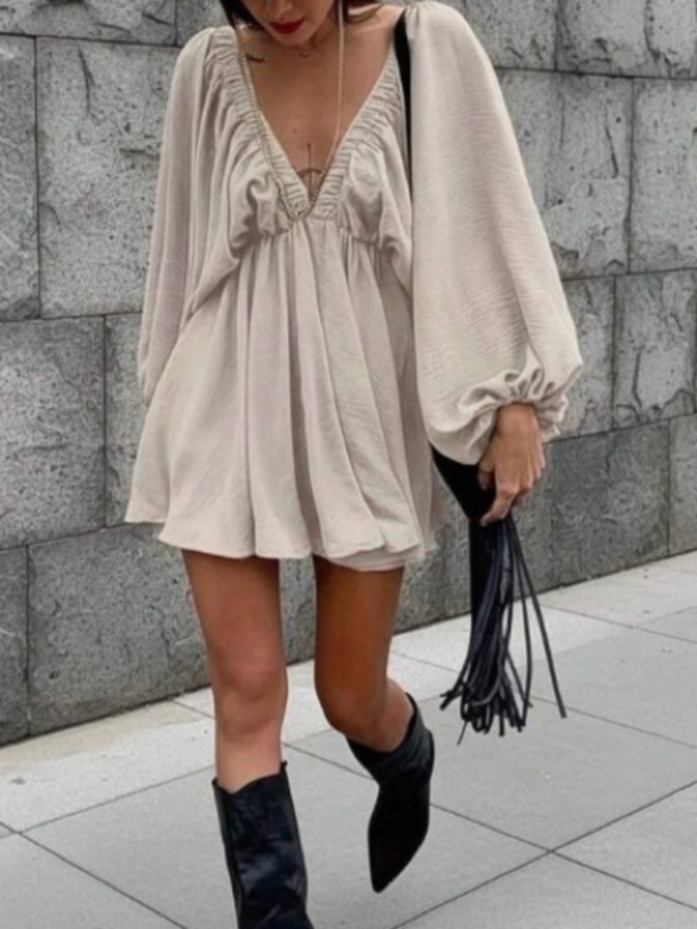 Amazon Cream Balloon-Sleeve Mini Dress - Lightweight V-Neck XL